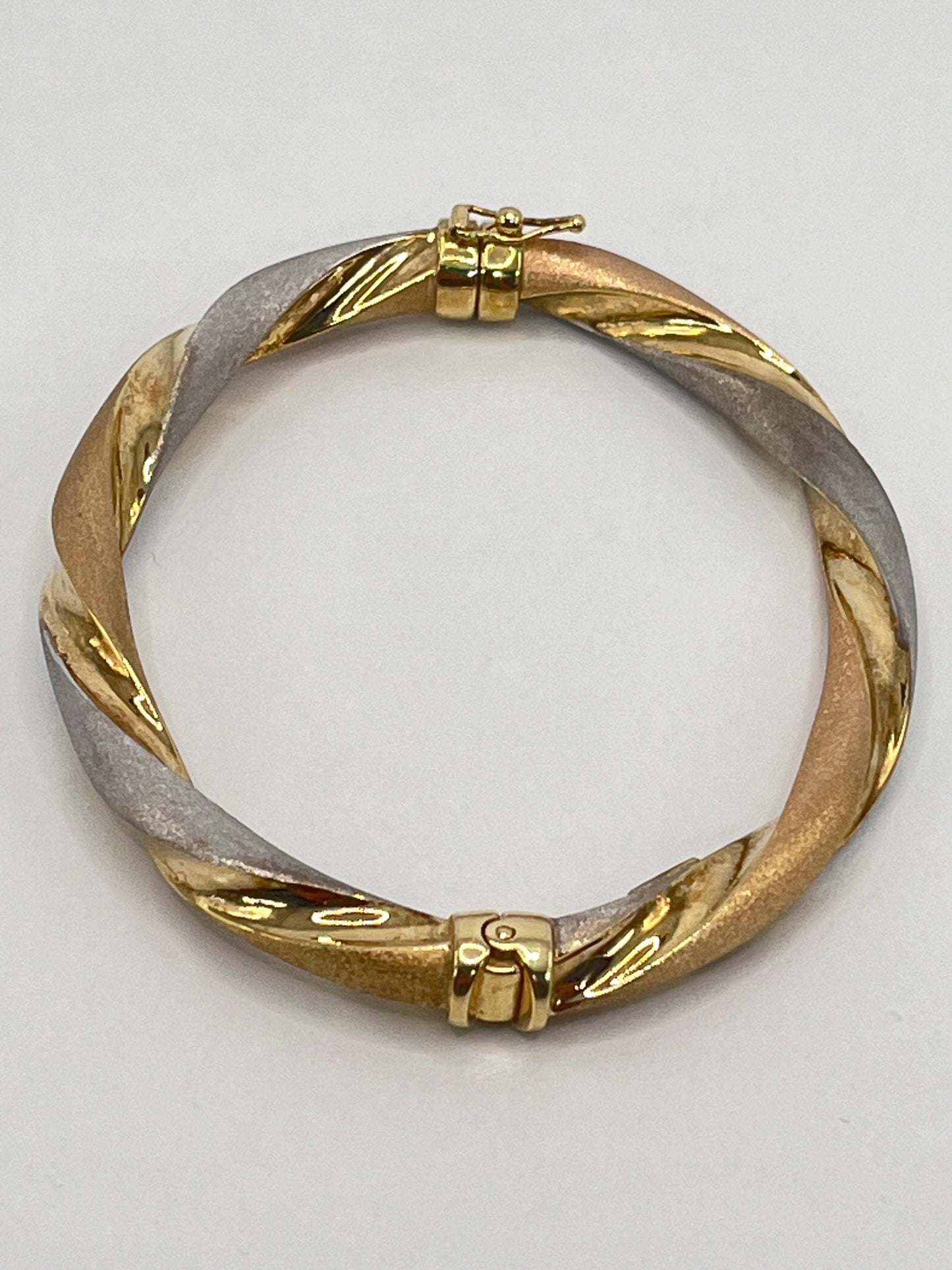 14K Authentic Solid Gold Tri Colors Twisted Hollow Hinged Cuff Bangle Bracelet - Luxury Bling Jewelry