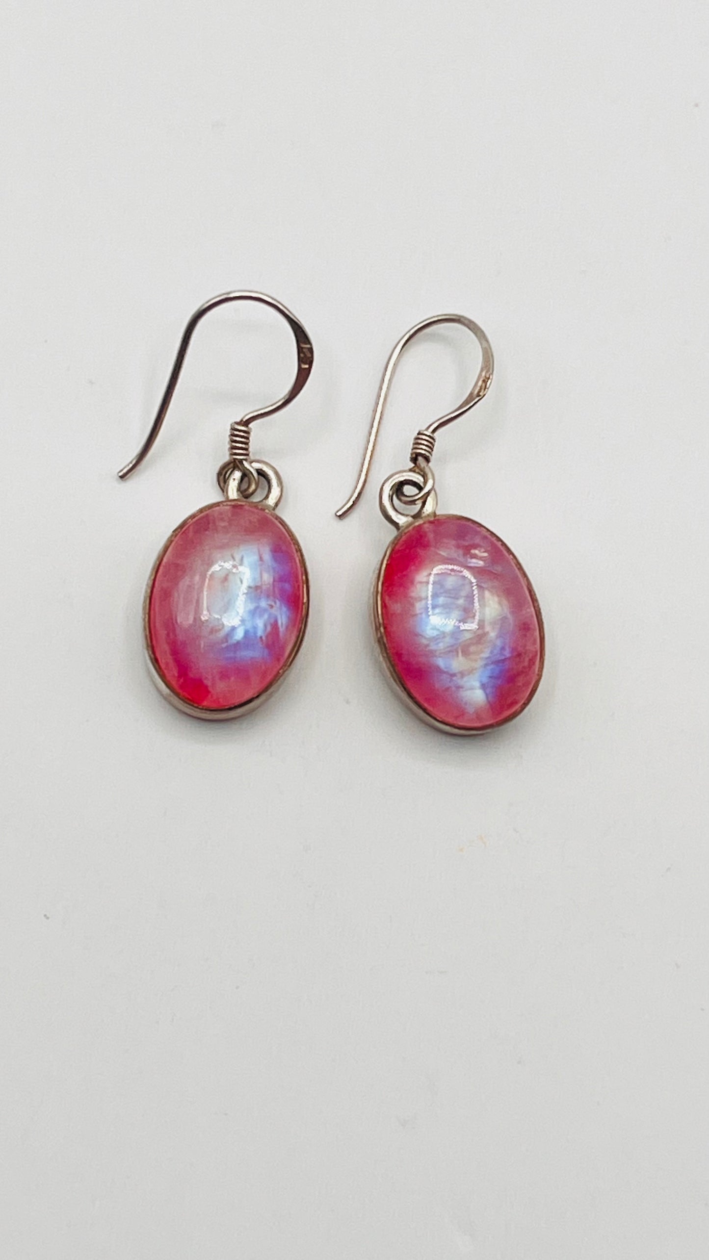 925 Sterling Silver Dangle Hook Lovely Earrings Oval Cabochon Pink Rainbow Moonstone 3