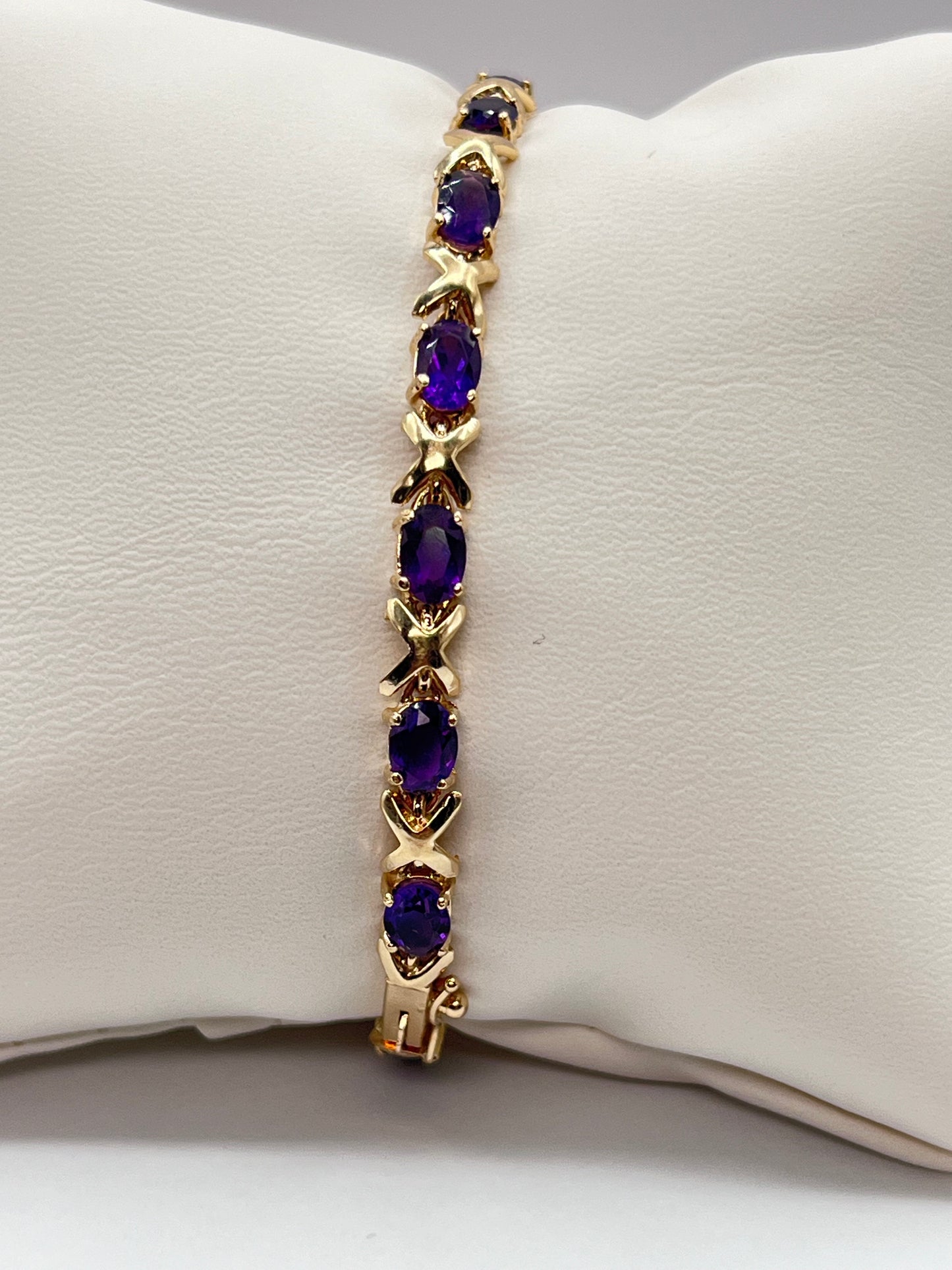 14K Solid Yellow Gold Tennis Bracelet XOXO Link Oval Purple Tanzanite Stones 4