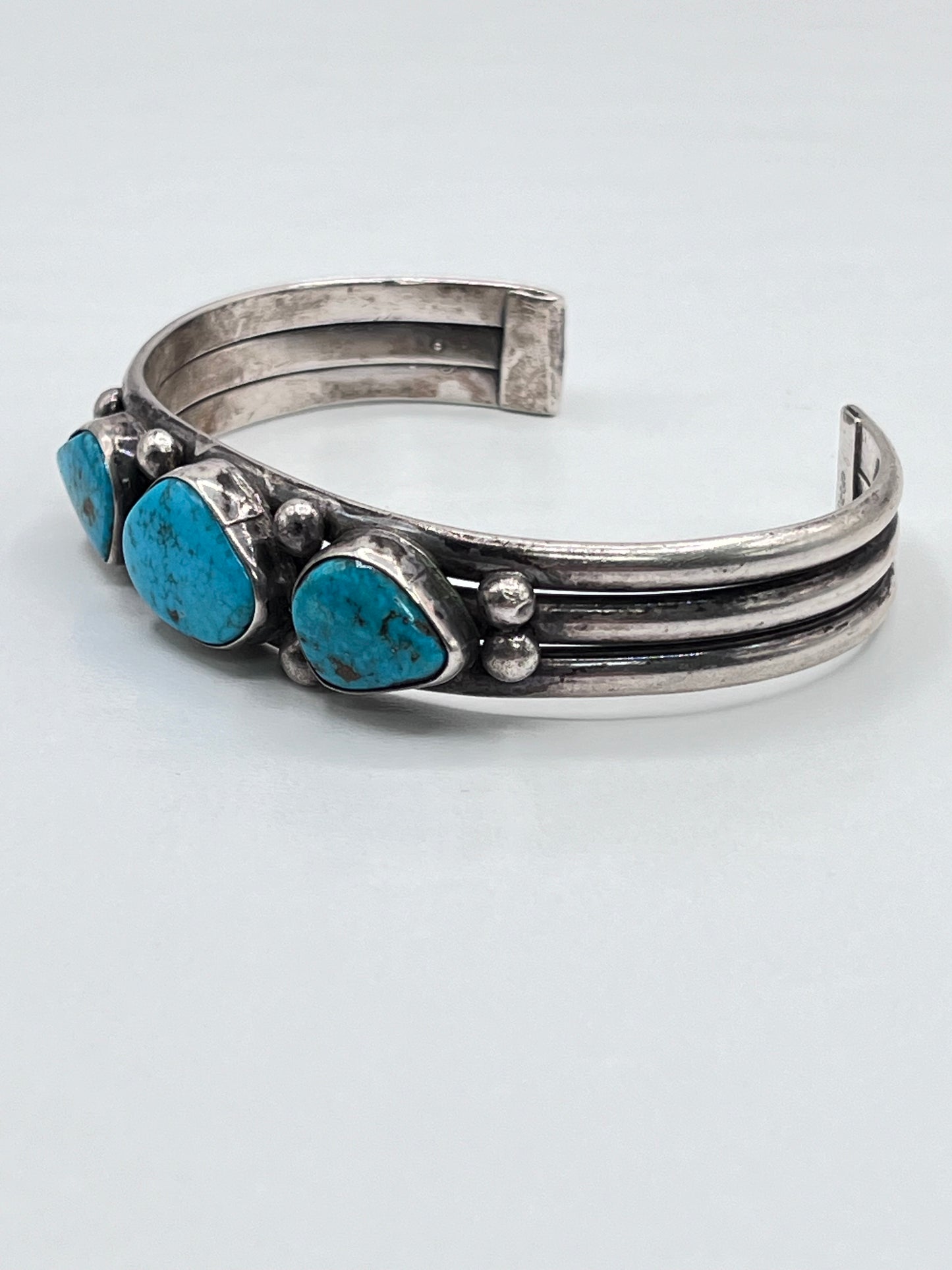 Vintage Native American Navajo Style Sterling Silver Cuff Bracelet Three Blue Turquoise Stones 5