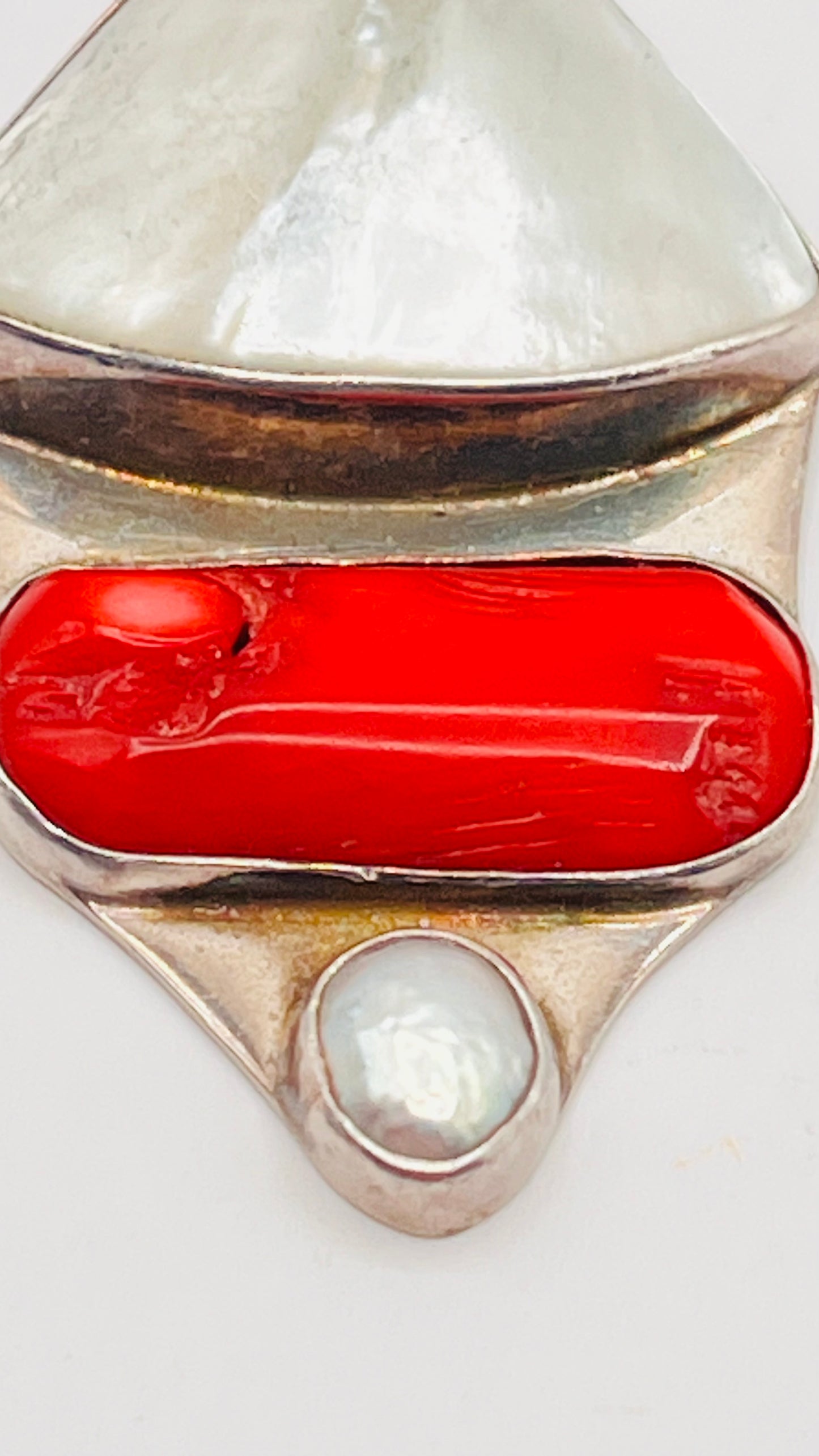 950 Sterling Silver Red Coral MOP Mother Of Pearl Abalone Chunky Pendant Asymmetric 6