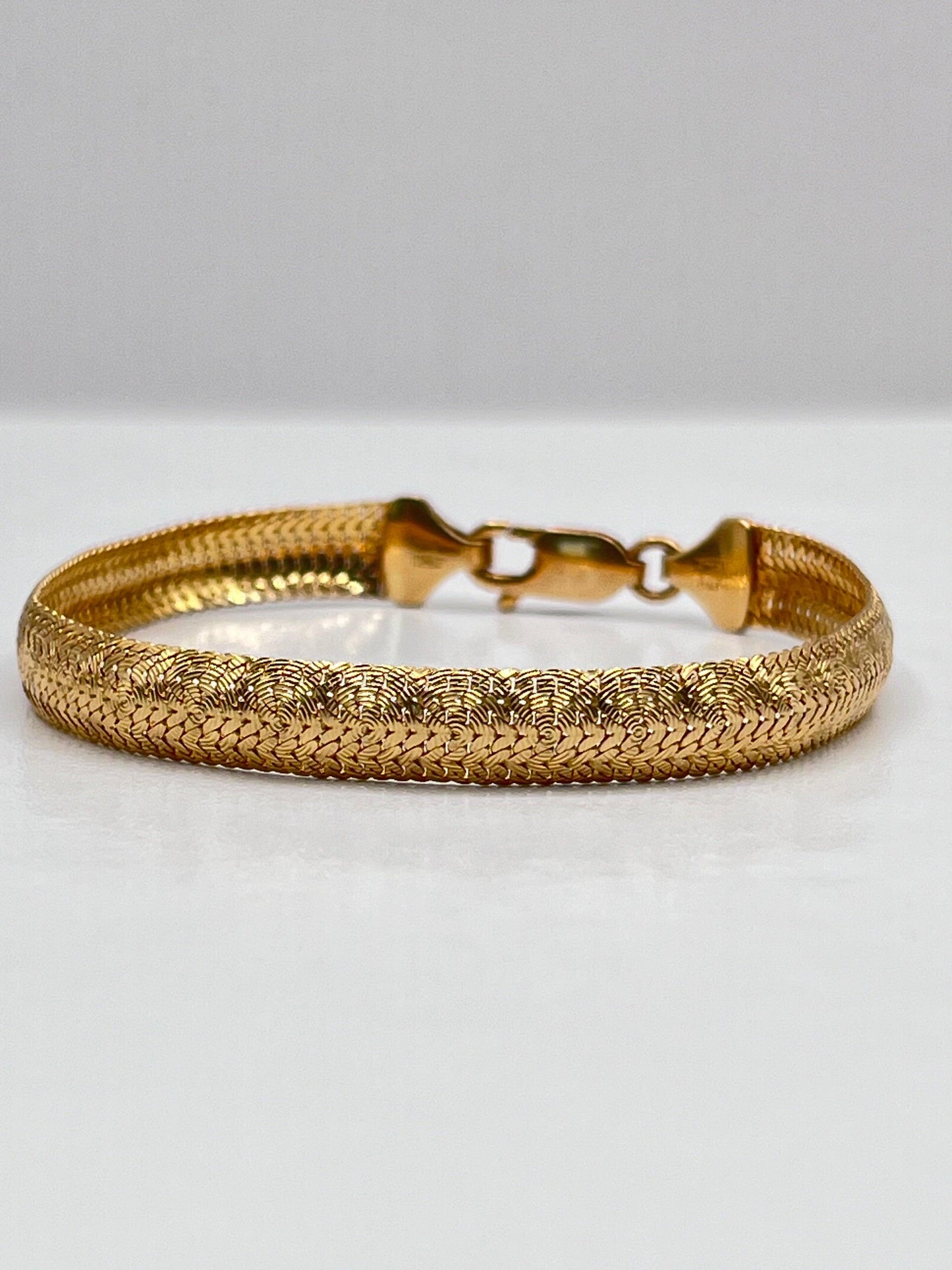 14K Solid Yellow Gold Textured Mesh Snake Woven Unique Vintage Chain Bracelet - Luxury Bling Jewelry