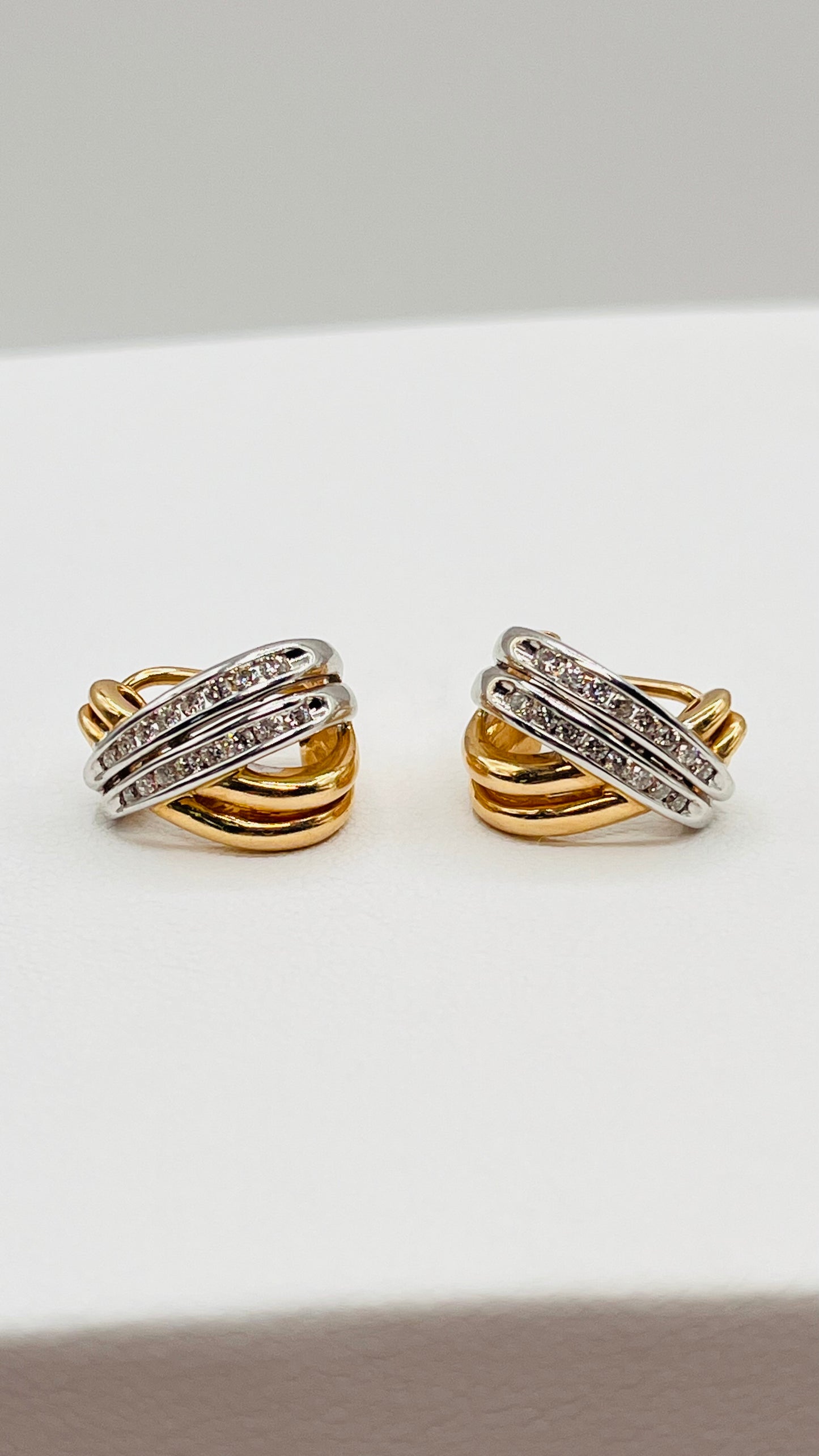 14k Yellow White Two Color Gold Diamonds Half Hoop Clip X Buddha Belly Earrings 4