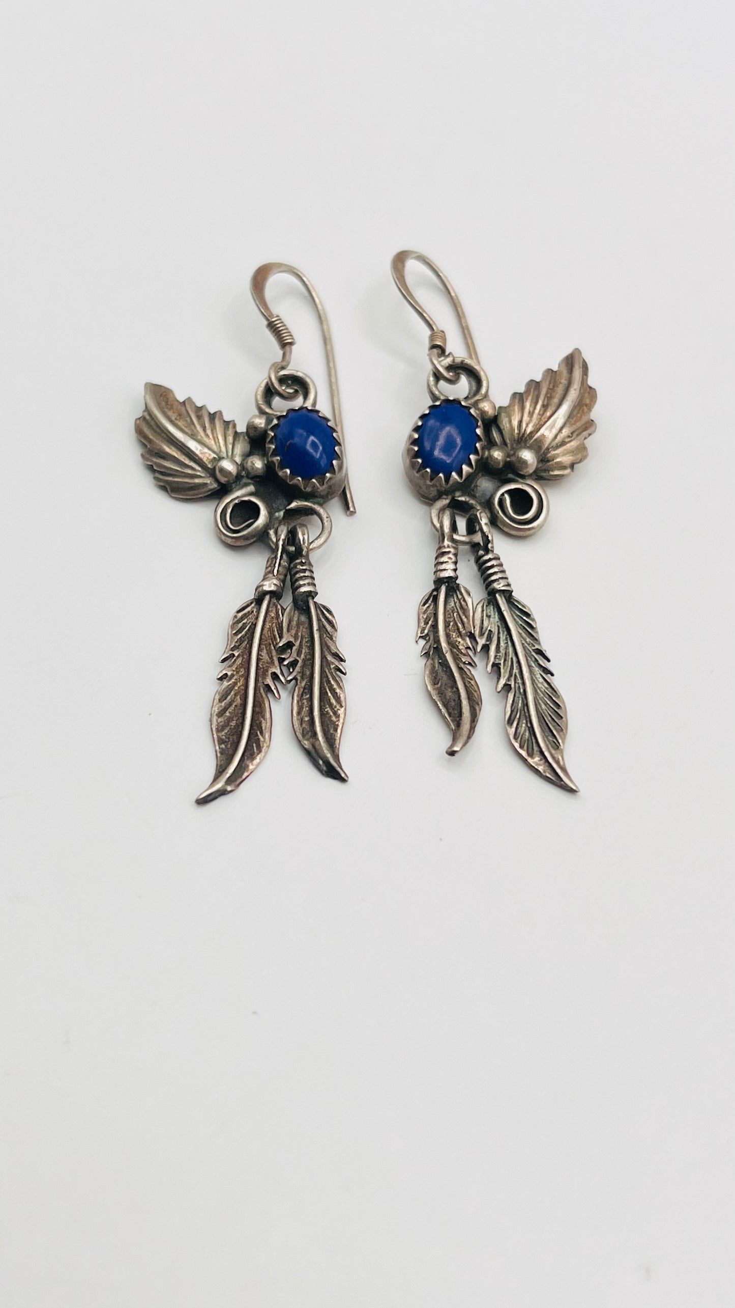 Vintage 925 Sterling Silver Dangle Hook Earrings Blue Oval Lapis Feathers Leaf 3