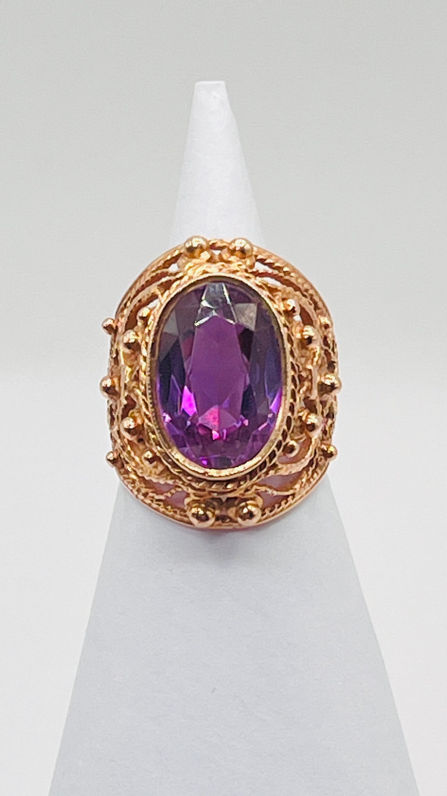 Vintage 14K Gold Filigree Chunky Ring Purple Cabochon Oval Sapphire Stone RARE 3