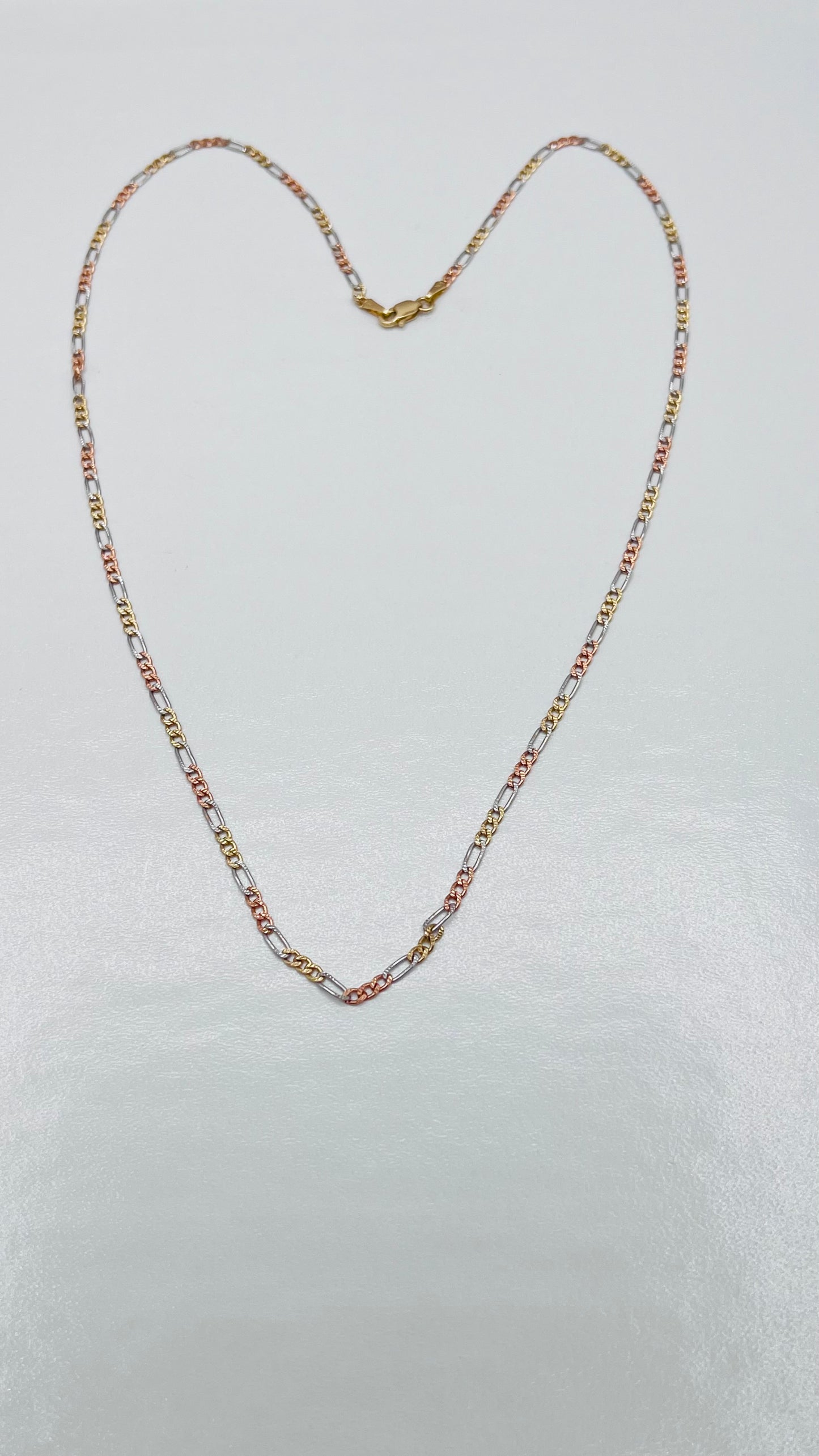 KZR 14K Solid Tri Colored Gold Chain Figaro Mariner Round Oval Links Necklace 2