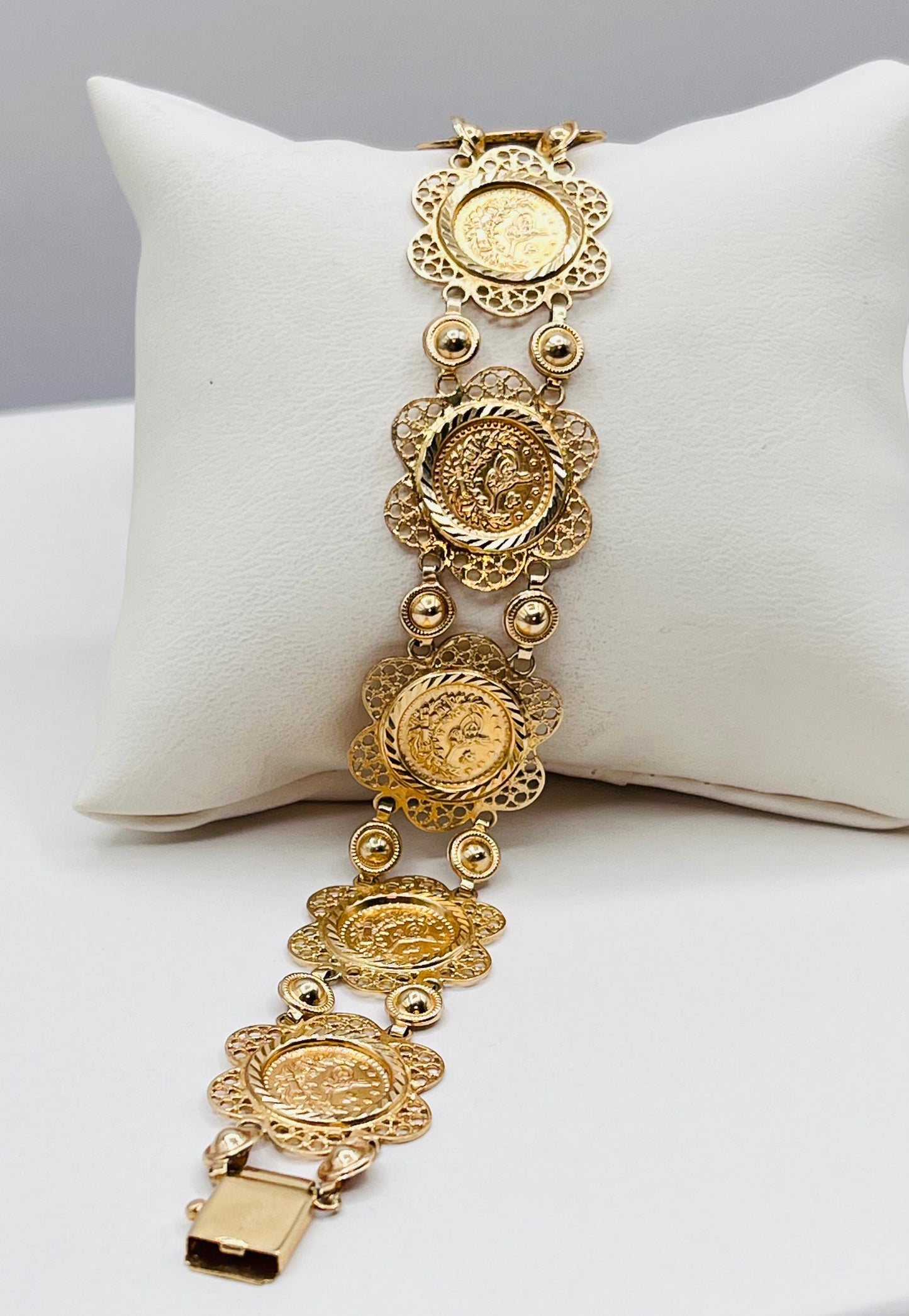 Vintage Rare ZRW 14K Yellow Solid Gold Tennis Bracelet Filigree Linked Engraved Flowers Turkey 4