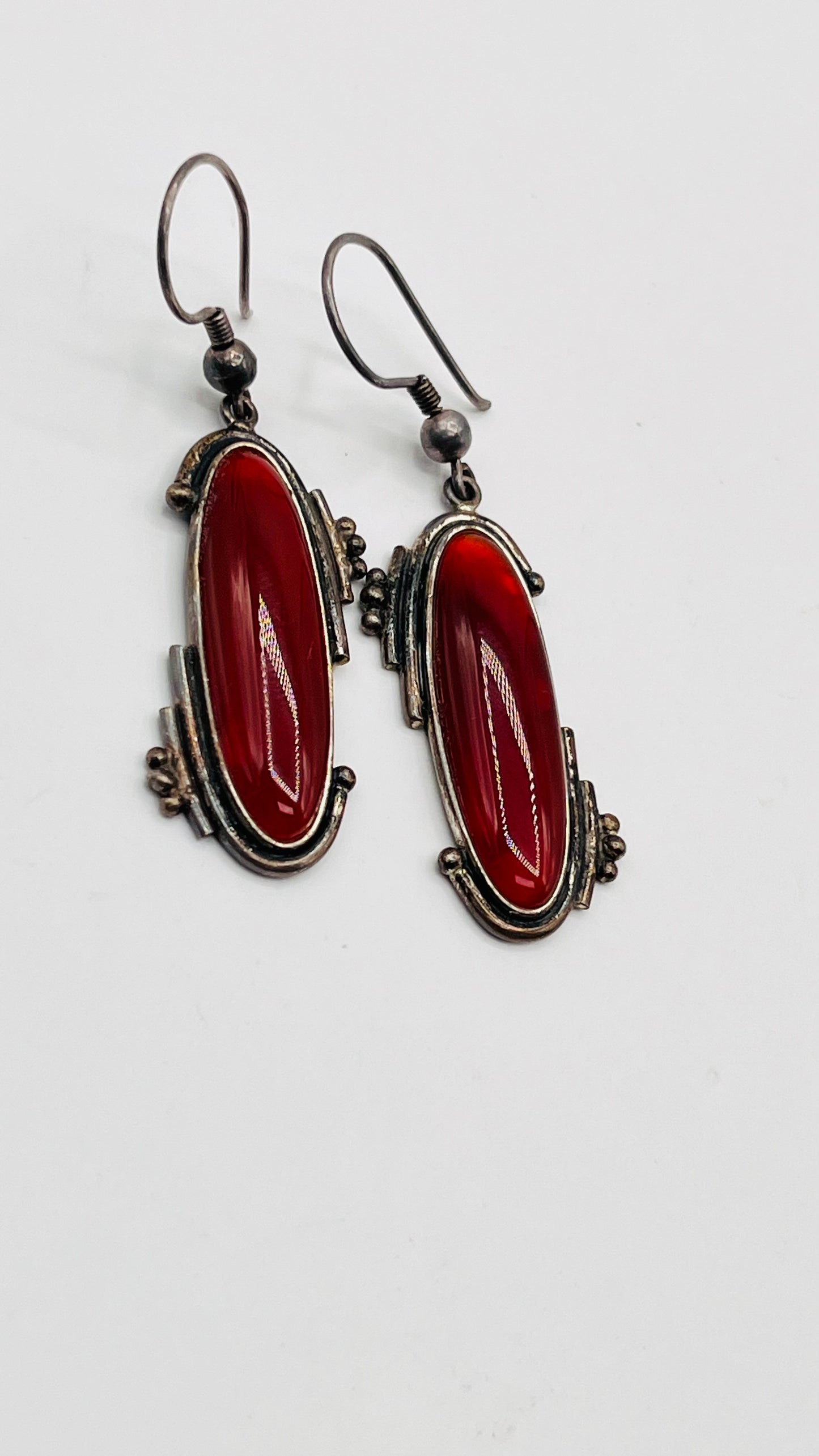 Vintage Sterling Silver 925 Dangle Hook Earrings Red Maroon Oval Carnelian Stone 5