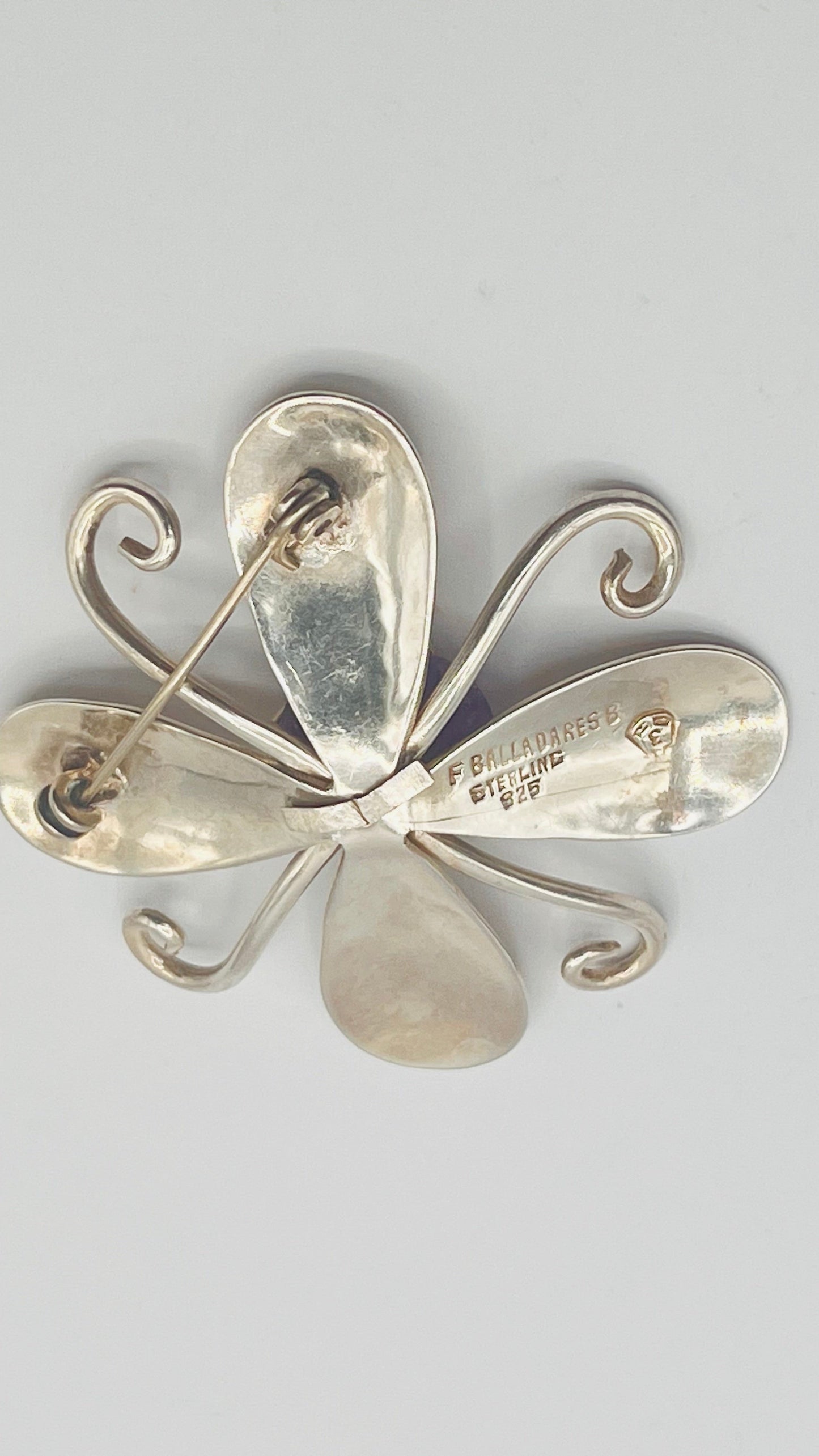 Vintage Designer Balladares 925 Sterling Silver Flower Purple Amethyst Stone Pin Brooch 3