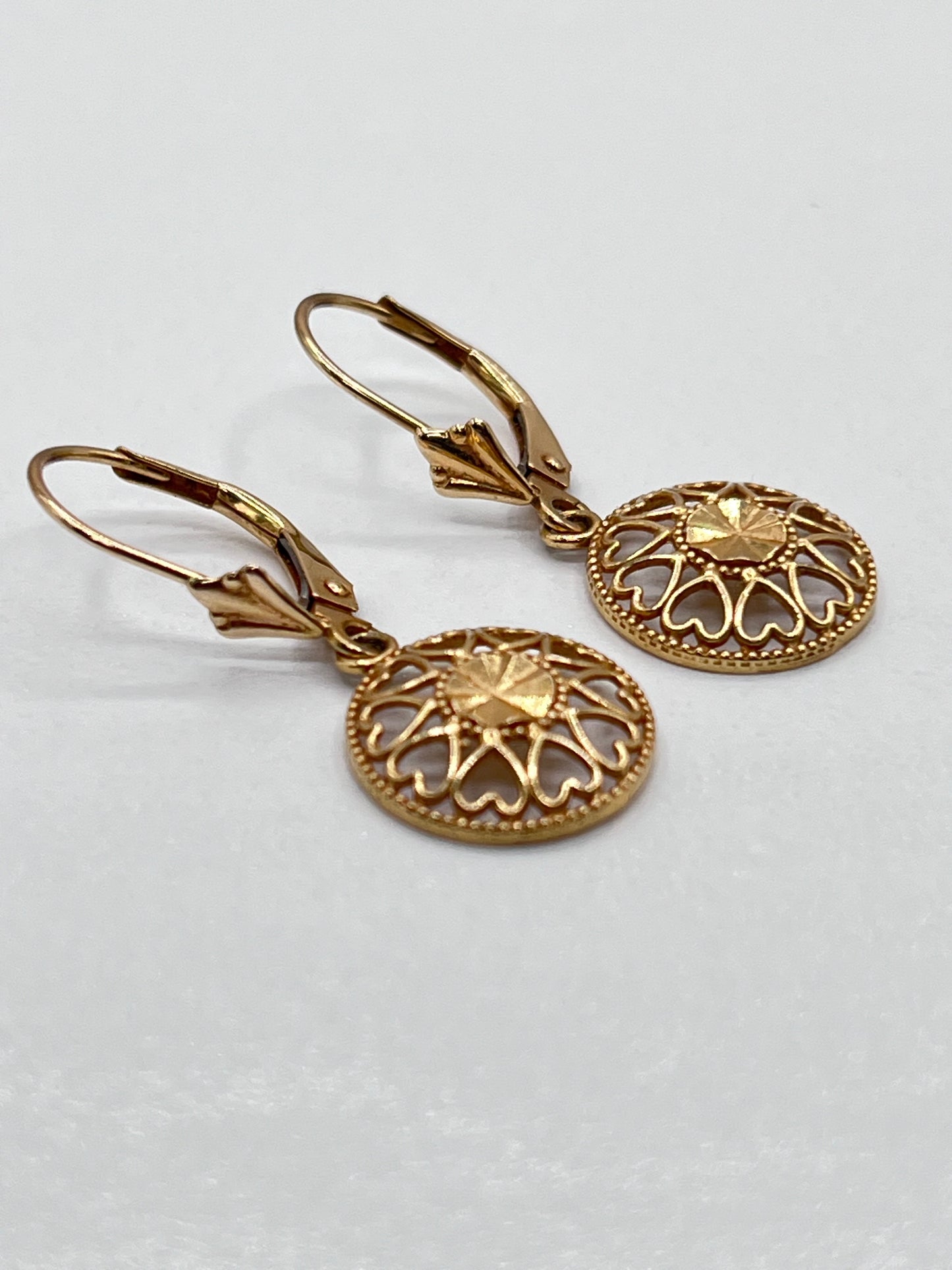 14K Solid Yellow Gold ZRW Jewelamerica Dangle Earrings Diamond Cut Heart Design Leverback Clasp 4