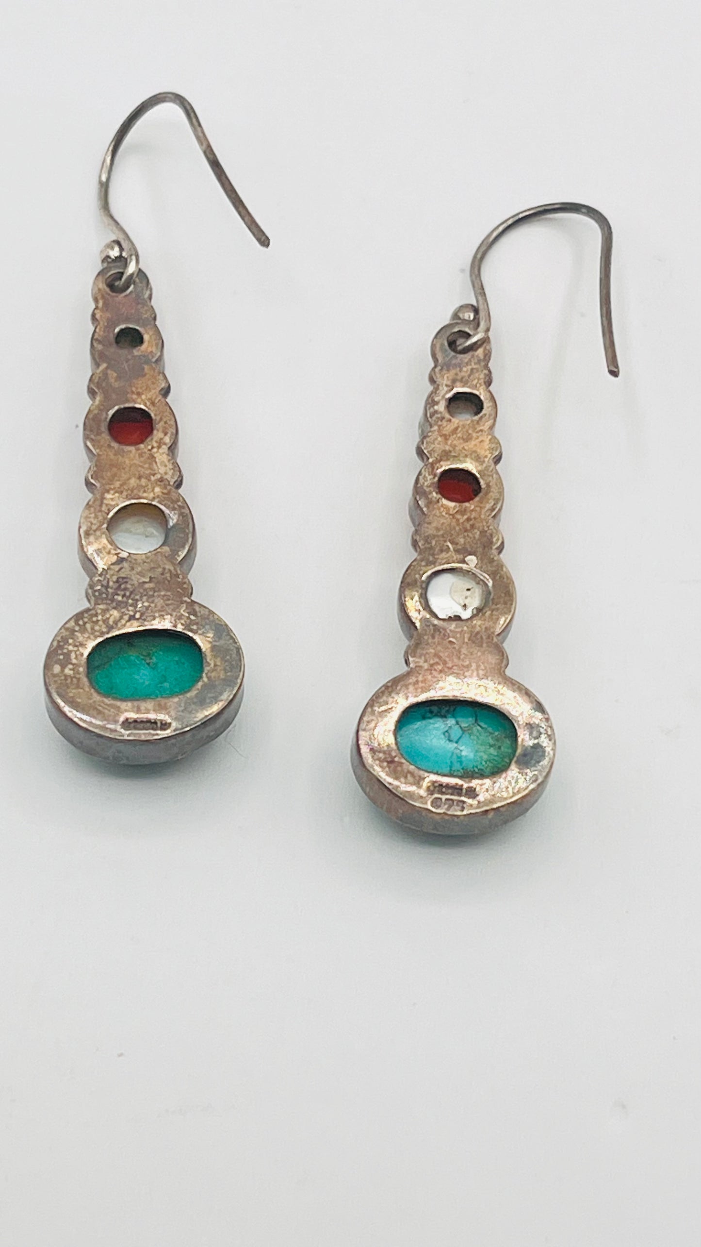 925 Sterling Silver Dangle Earrings Turquoise Coral Mother Of Pearl Navajo 4