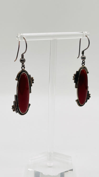 Vintage Sterling Silver 925 Dangle Hook Earrings Red Maroon Oval Carnelian Stone 2