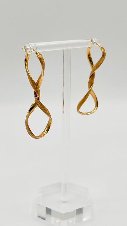 Rare 14K Yellow Sand Blasted Polished Gold Twisted Hoop Dangle Earrings Italy 4