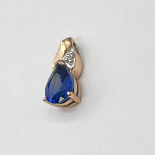 Vintage 10K Solid Gold Blue Sapphire Diamonds Pear Teardrop Pendant 1