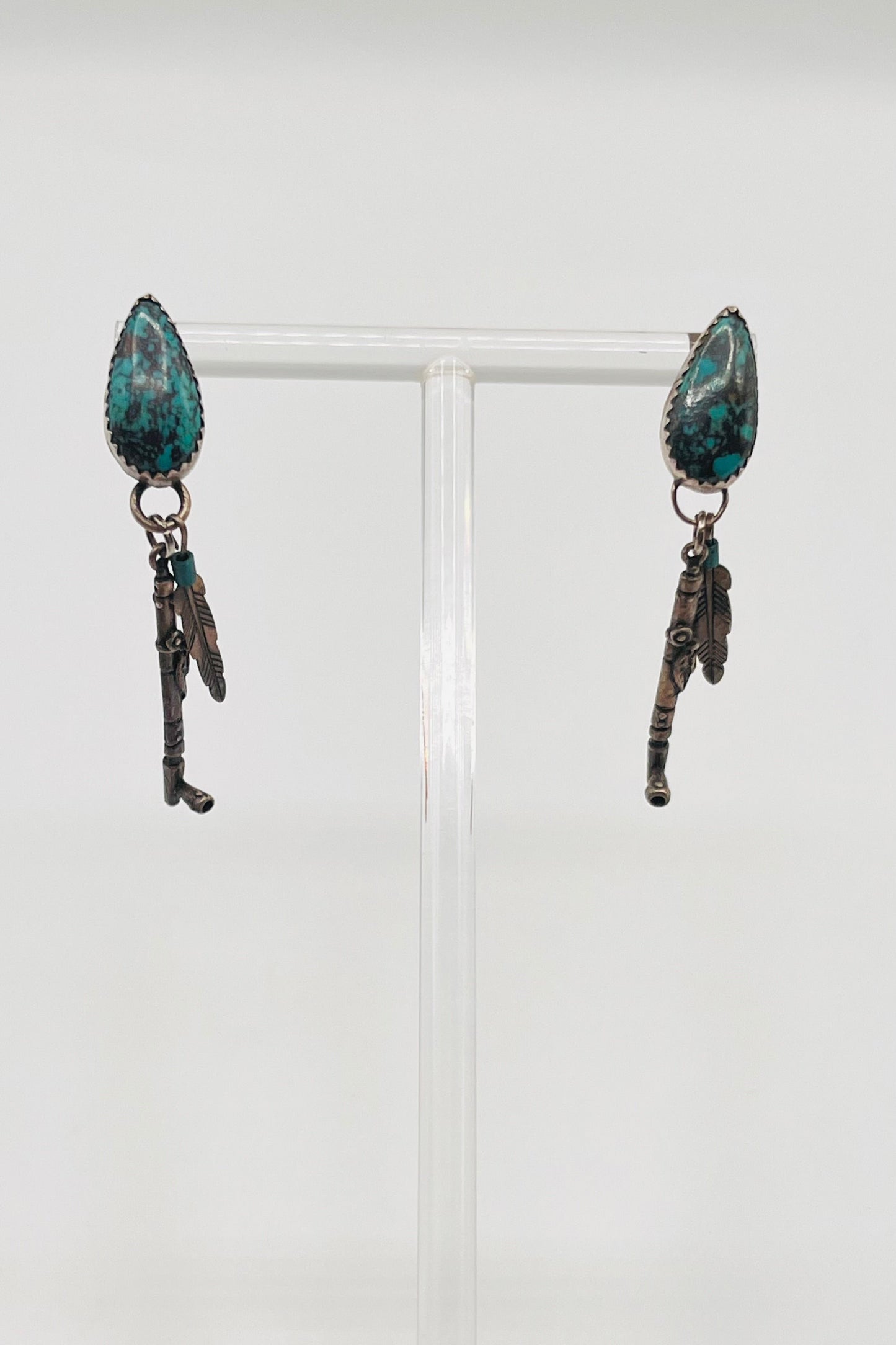 Vintage Southwestern Navajo 925 Sterling Silver Dangle Teardrop Earrings Turquoise Feather RARE 2