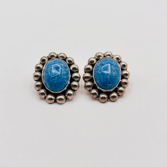 Taxco Mexico TO-77 Sterling Silver 925 Stud Post Blue Oval Cabochon Denim Lapis Earrings 1