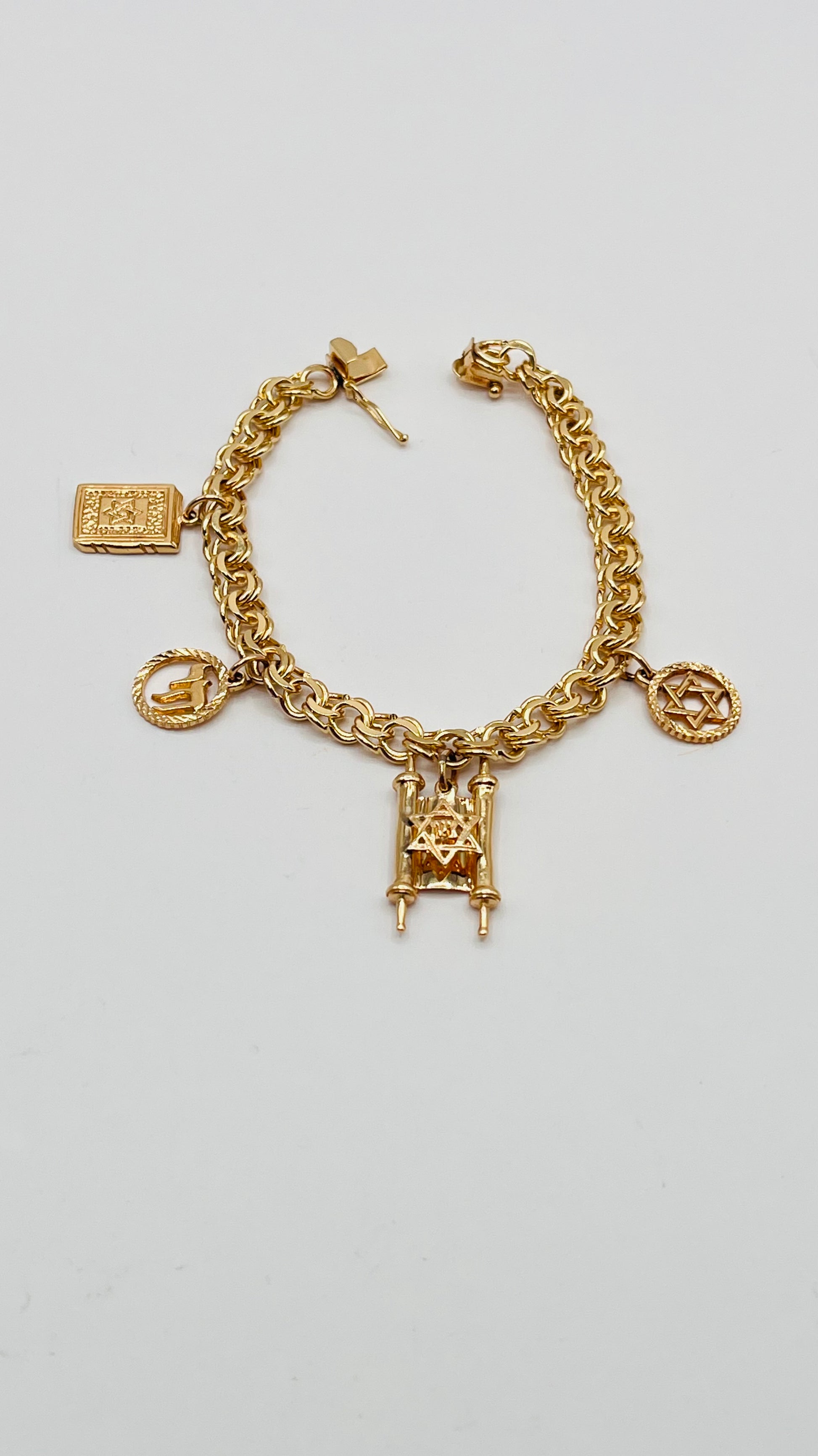 14K Solid Gold Jewish Charms Bracelet Torah Book 10 Commandment Star Of David Chai 7