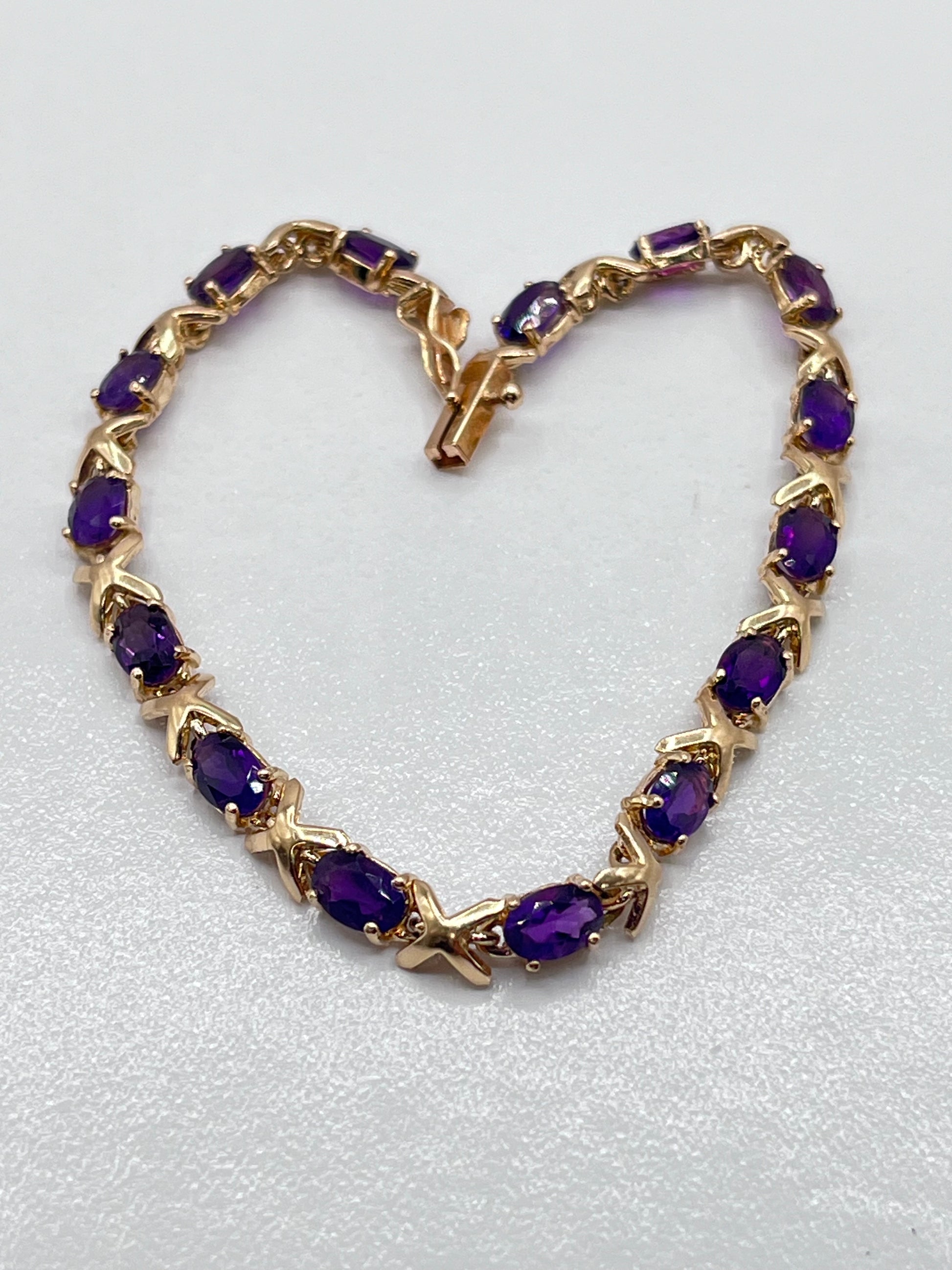 14K Solid Yellow Gold Tennis Bracelet XOXO Link Oval Purple Tanzanite Stones 2