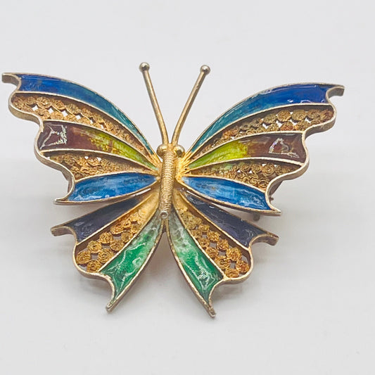 Vintage 800 Sterling Silver Green Blue Purple Brown Enamel Butterfly Pin Brooch 1