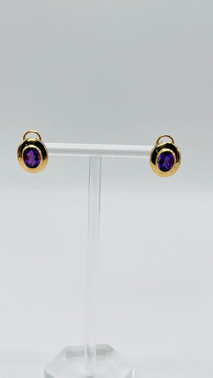 Vintage 18K Solid Yellow Gold Oval Stud Earrings Omega Back Amethyst Stone RARE 5