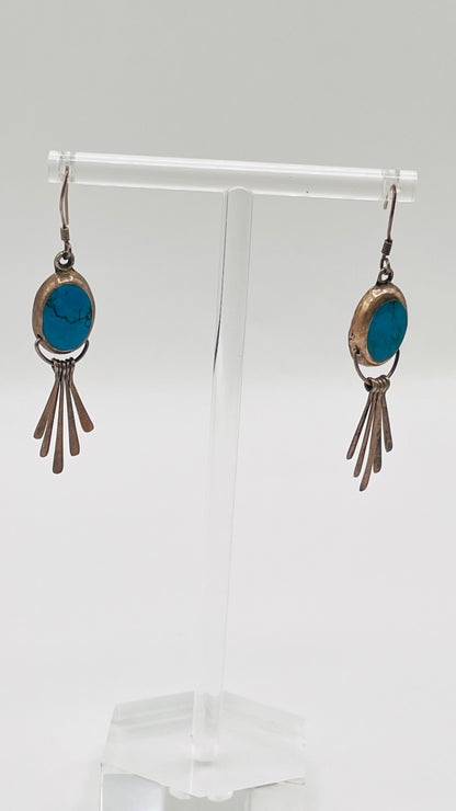 Vintage Southwestern Navajo 925 Sterling Silver Dangle Earrings Cabochon Turquoise Stone 3