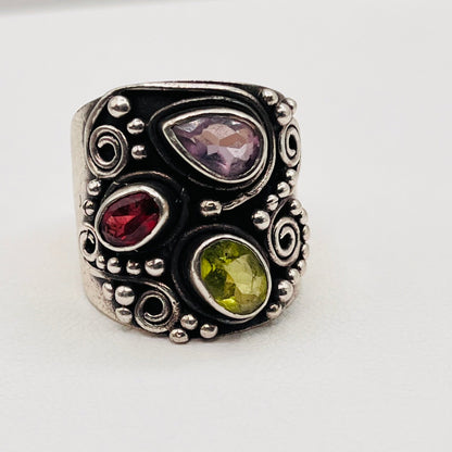 Vintage Cluster Signet 925 Sterling Silver Amethyst Emerald Tourmaline Multi Stones Chunky Ring 4