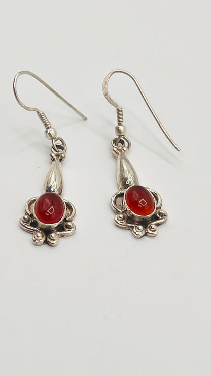 Vintage 925 Sterling Silver Dangle Hook Earrings Red Carnelian Stone 4