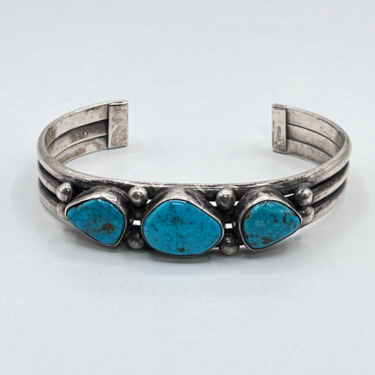 Vintage Native American Navajo Style Sterling Silver Cuff Bracelet Three Blue Turquoise Stones 1