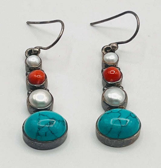 925 Sterling Silver Dangle Earrings Turquoise Coral Mother Of Pearl Navajo 1