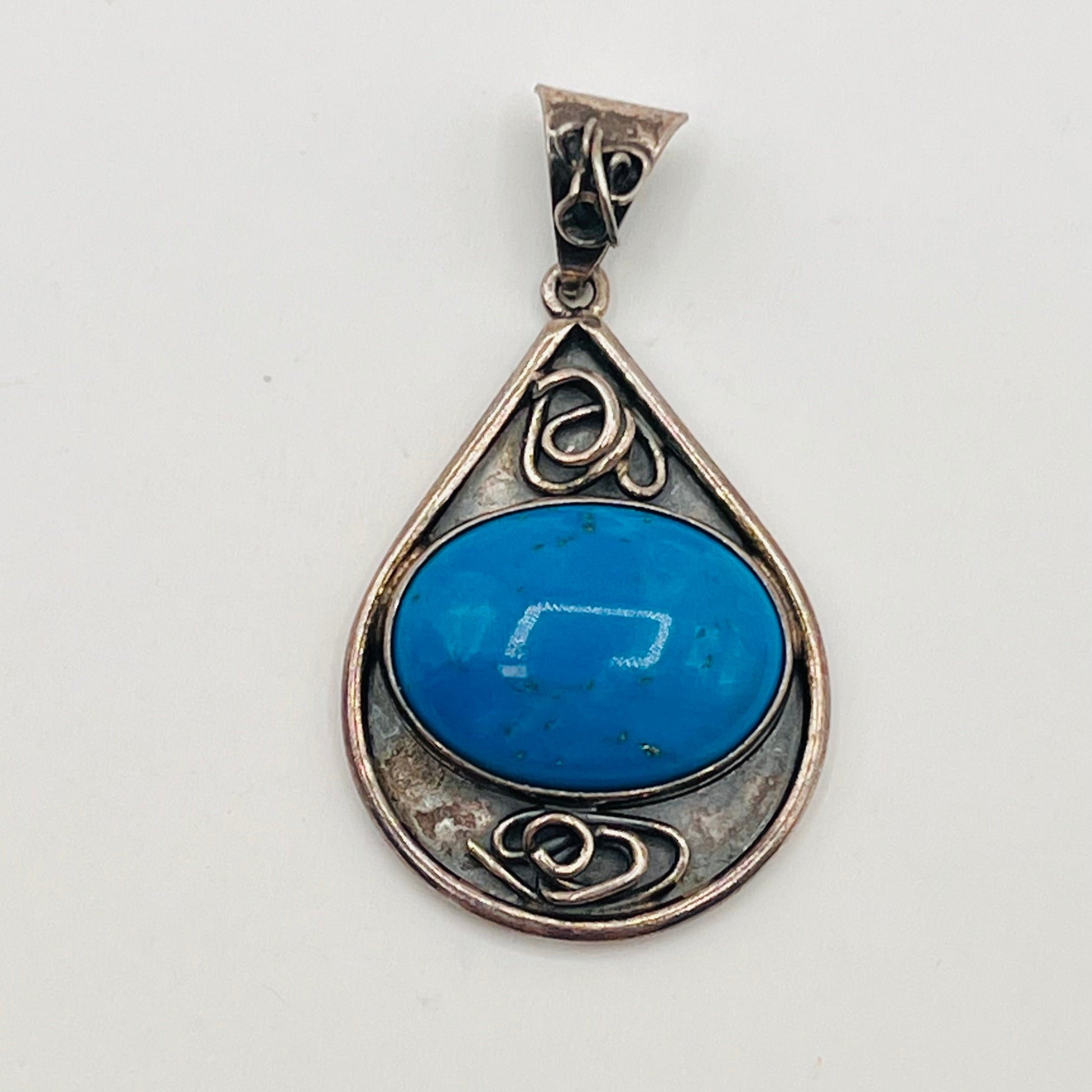 Vintage Rare 925 Sterling Silver Teardrop Pendant Oval Cabochon Aqua Blue Accent 1