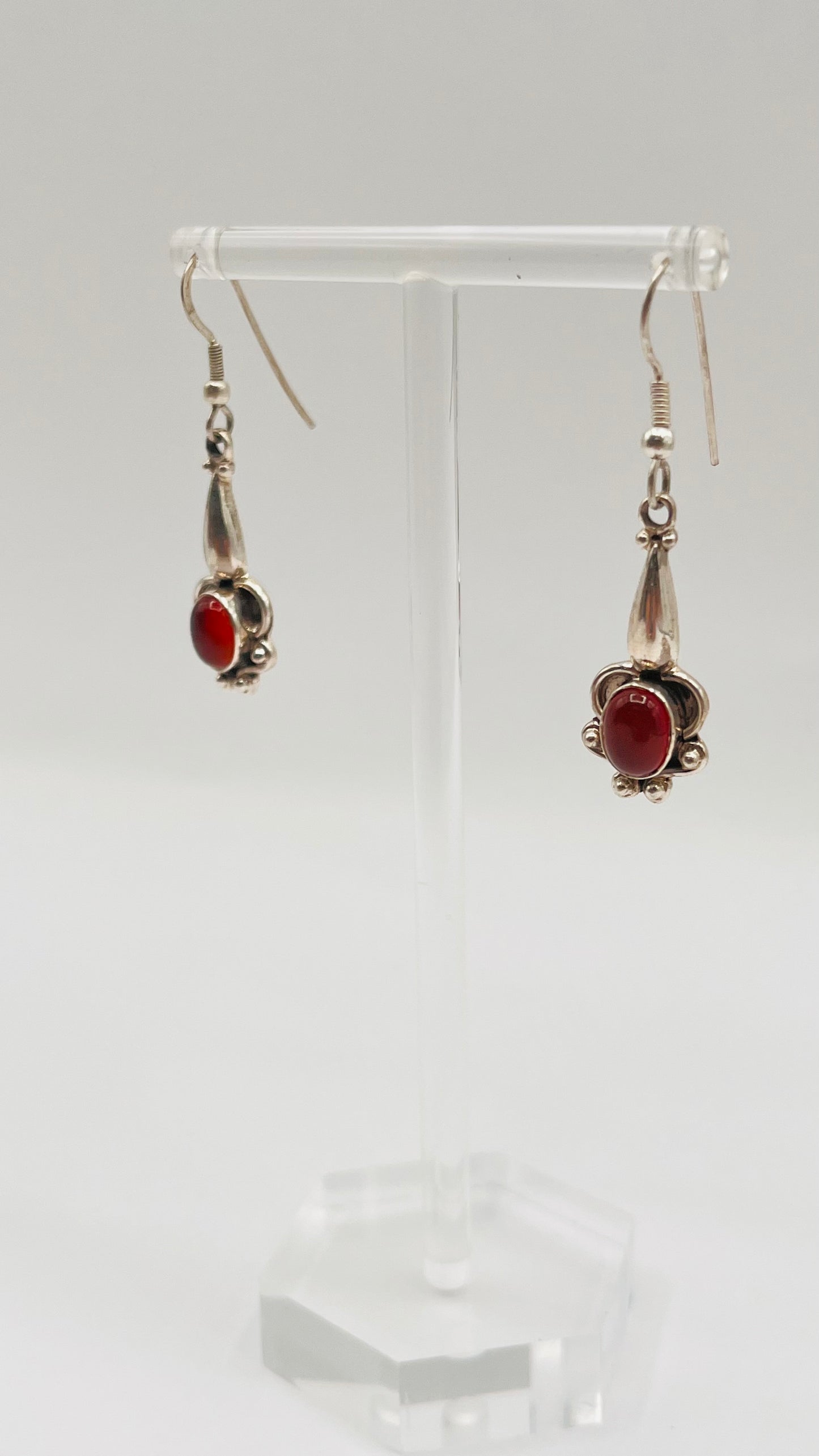 Vintage 925 Sterling Silver Dangle Hook Earrings Red Carnelian Stone 3