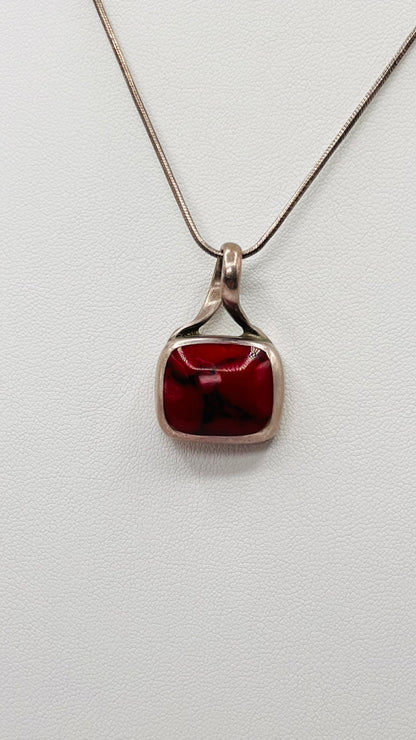 Mexico 925 Sterling Silver Pretty Red Turquoise Square Pendant 5