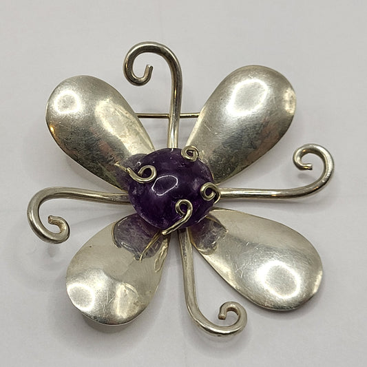 Vintage Designer Balladares 925 Sterling Silver Flower Purple Amethyst Stone Pin Brooch 1