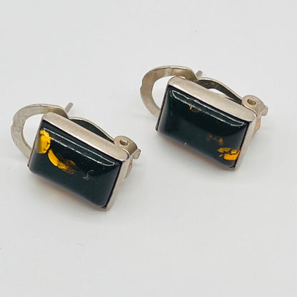 Vintage 925 Sterling Silver Omega Stud Earrings Green Spangle Baltic Amber Stone 1