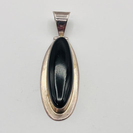 Estate Mexico 925 Sterling Silver Black Onyx Cabochon Stone Oval Pendant  1