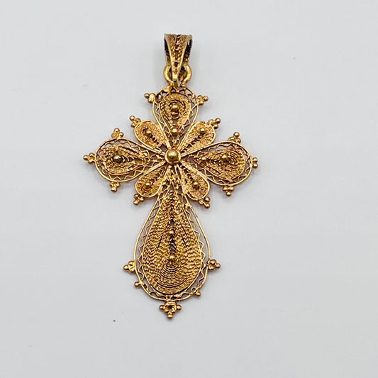 Antique Victorian 18K Solid Gold Religious Cross Crucifix Filigree Pendant 1