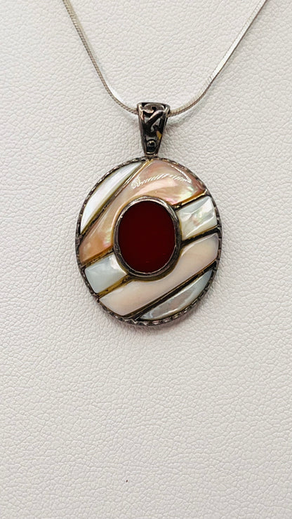 925 Sterling Silver Red Coral MOP Mother Of Pearl Abalone Asymmetric Inlay Oval Pendant 3