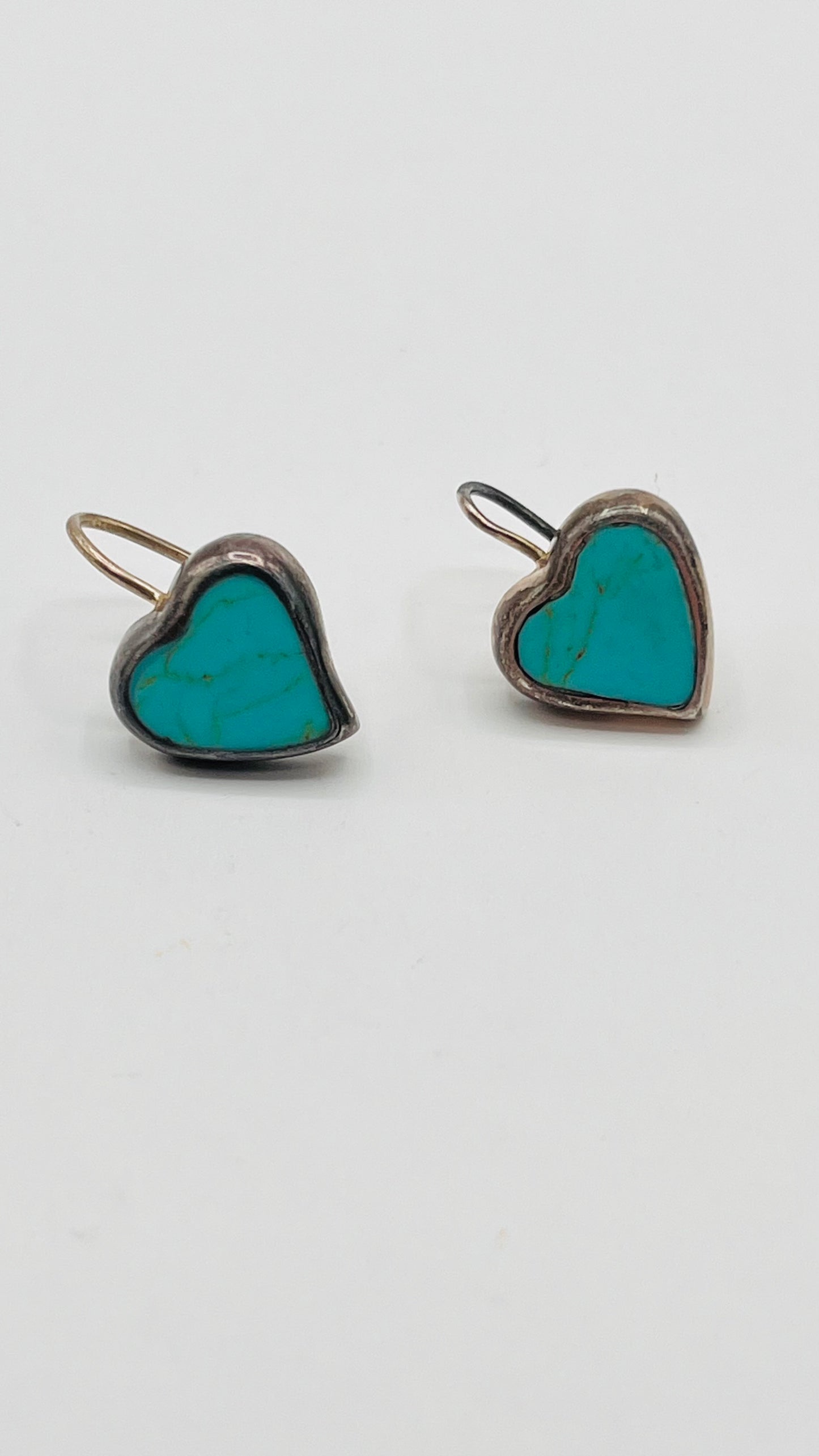 ATI Mexico 925 Sterling Silver Dangle Hook Lovely Earrings Love Heart Turquoise Inlay 3