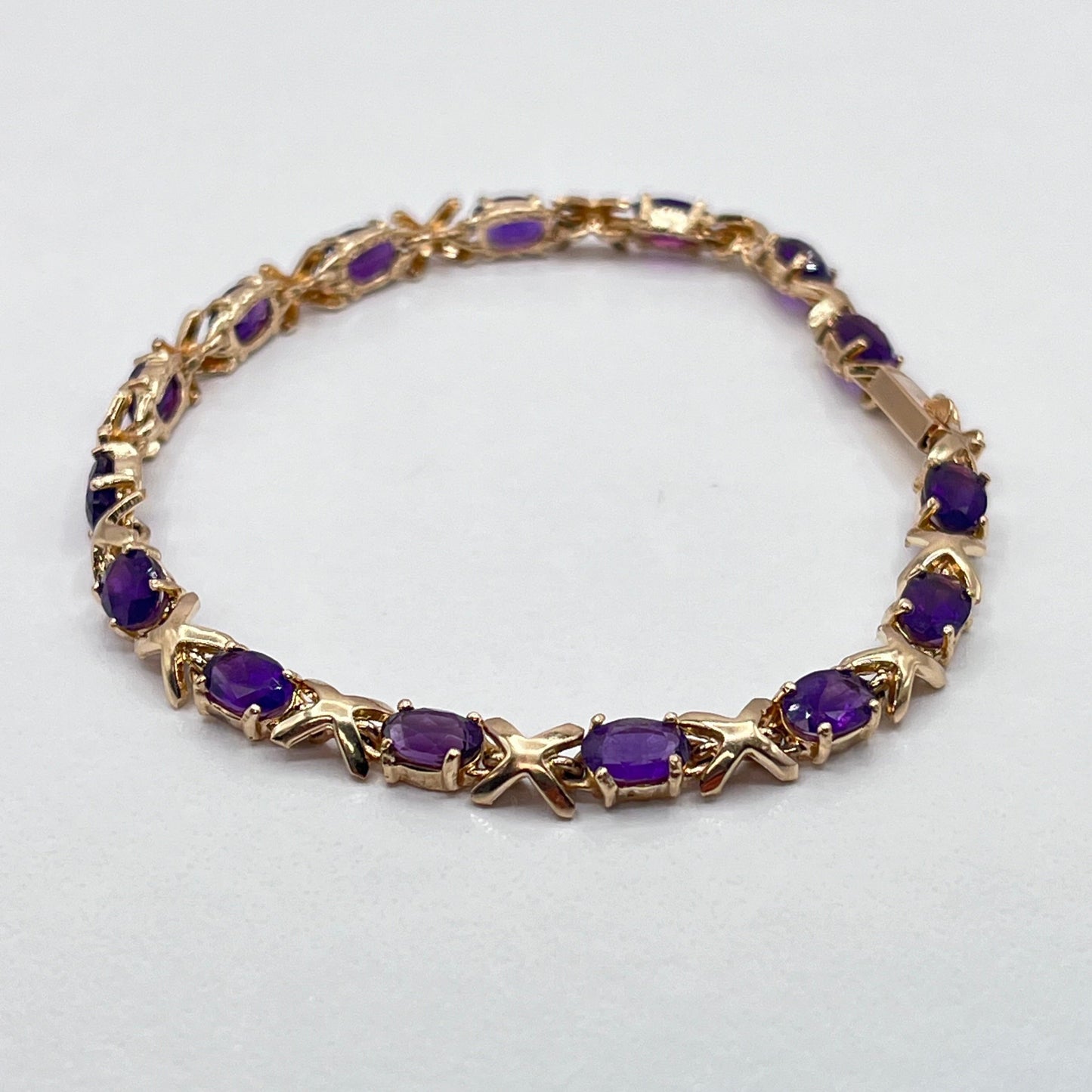 14K Solid Yellow Gold Tennis Bracelet XOXO Link Oval Purple Tanzanite Stones 1