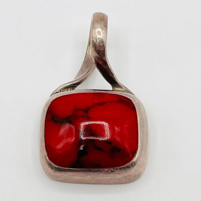 Mexico 925 Sterling Silver Pretty Red Turquoise Square Pendant 1