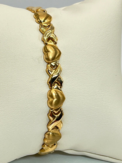 10K Authentic Solid Yellow Gold Hearts Linked XOXO Style Tennis Bracelet - Luxury Bling Jewelry