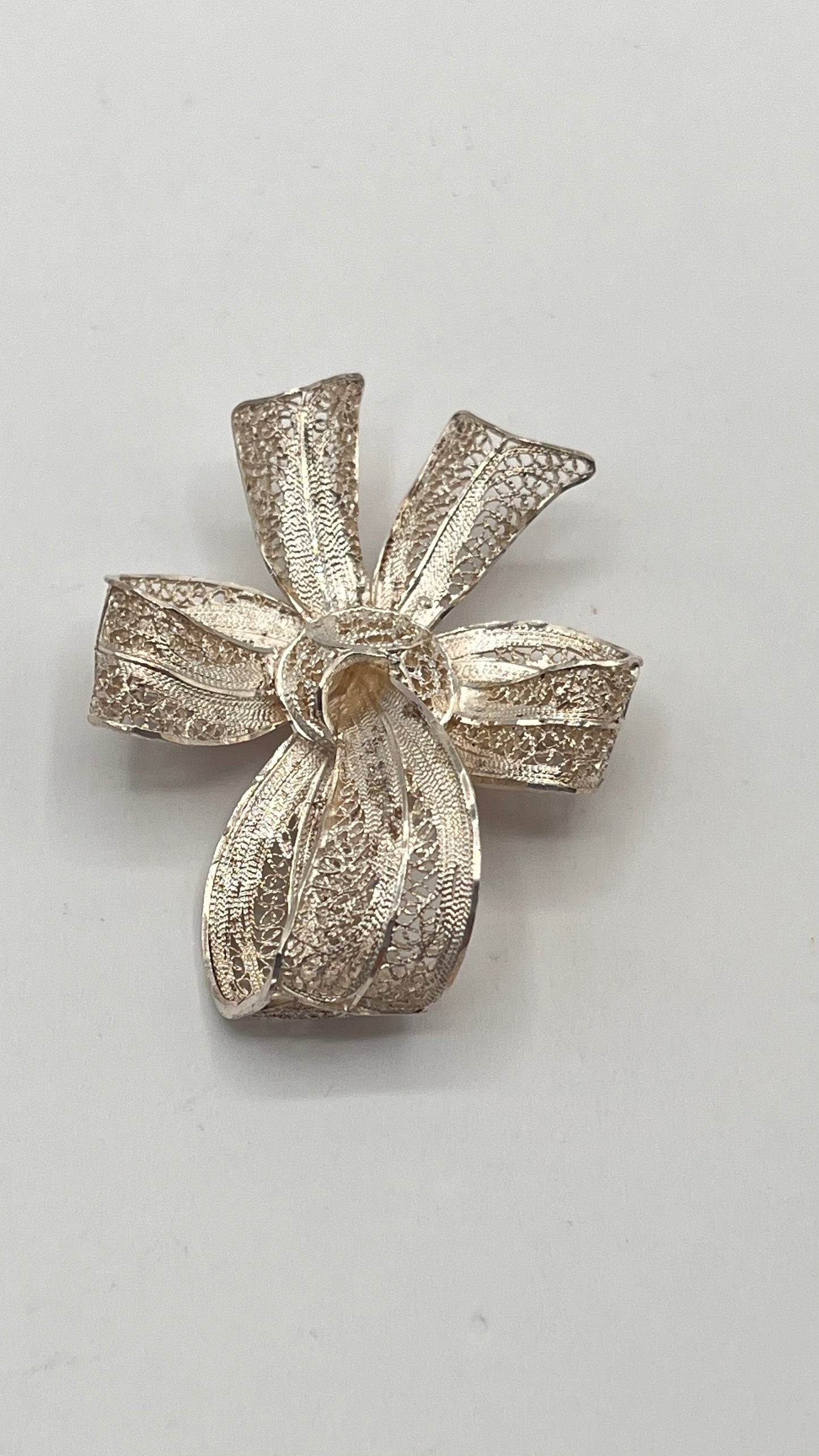 Antique 925 Sterling Silver Topazio Portugal Filigree Ribbon Bow Open Work Pin Brooch 4