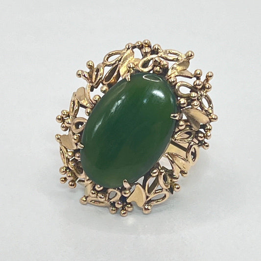 14K Solid Yellow Gold Vintage Filigree Ring With Large Cabochon Deep Dark Green Jadeite Jade Stone - Luxury Bling Jewelry