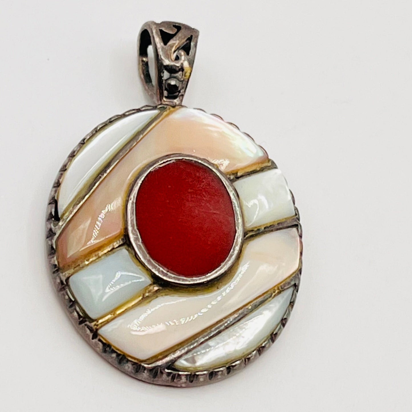 925 Sterling Silver Red Coral MOP Mother Of Pearl Abalone Asymmetric Inlay Oval Pendant 1