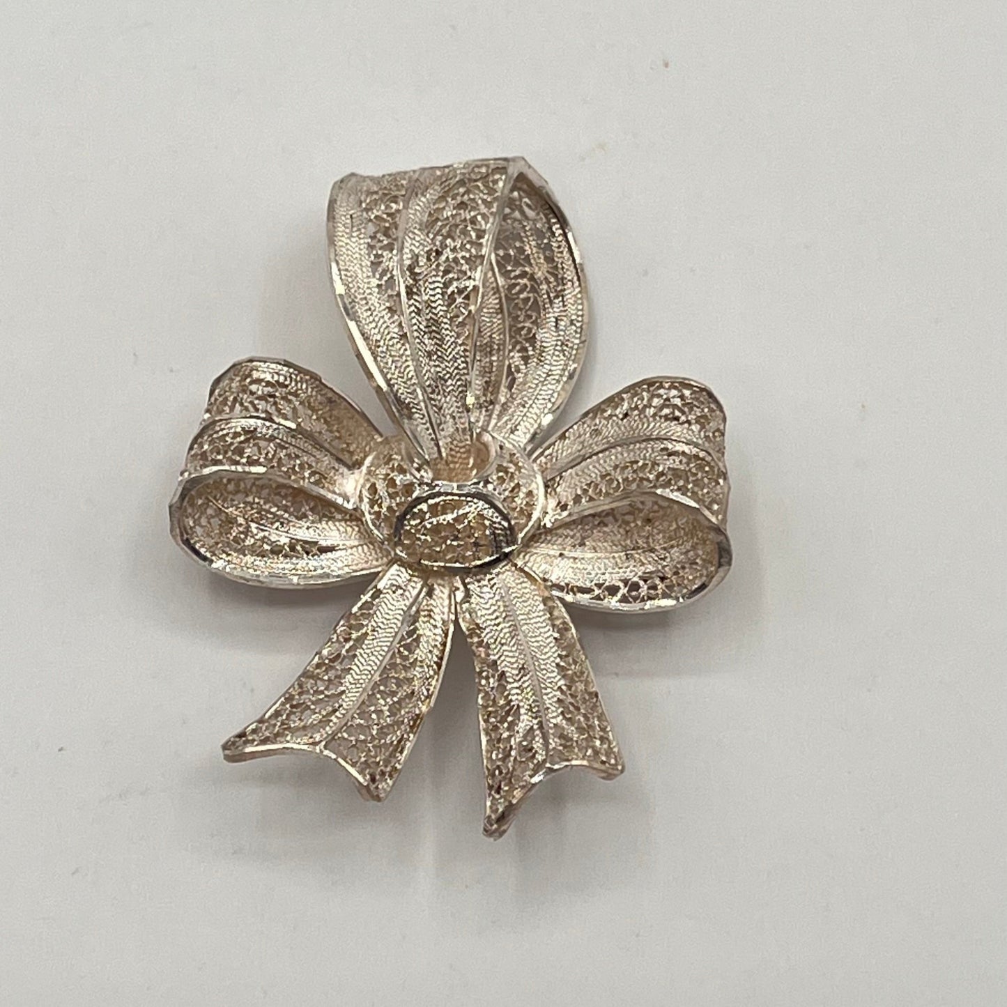 Antique 925 Sterling Silver Topazio Portugal Filigree Ribbon Bow Open Work Pin Brooch 2