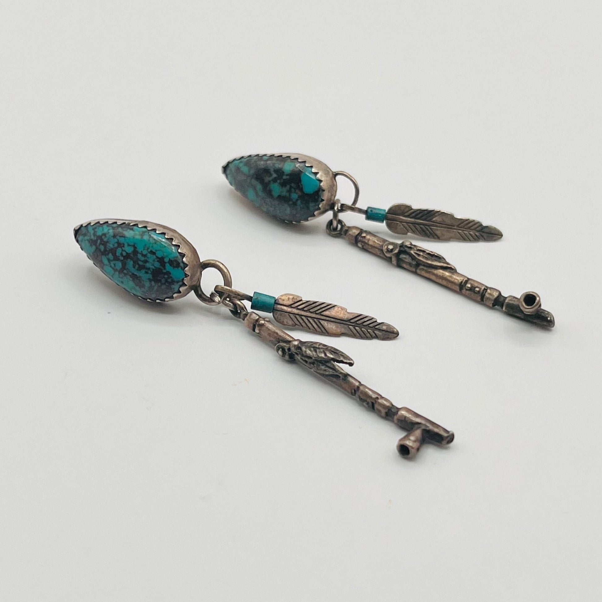 Vintage Southwestern Navajo 925 Sterling Silver Dangle Teardrop Earrings Turquoise Feather RARE 1