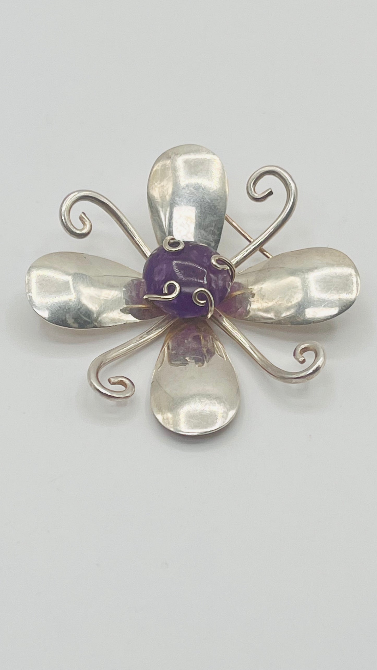 Vintage Designer Balladares 925 Sterling Silver Flower Purple Amethyst Stone Pin Brooch 2