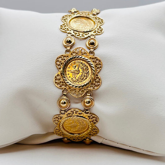 Vintage Rare ZRW 14K Yellow Solid Gold Tennis Bracelet Filigree Linked Engraved Flowers Turkey 1