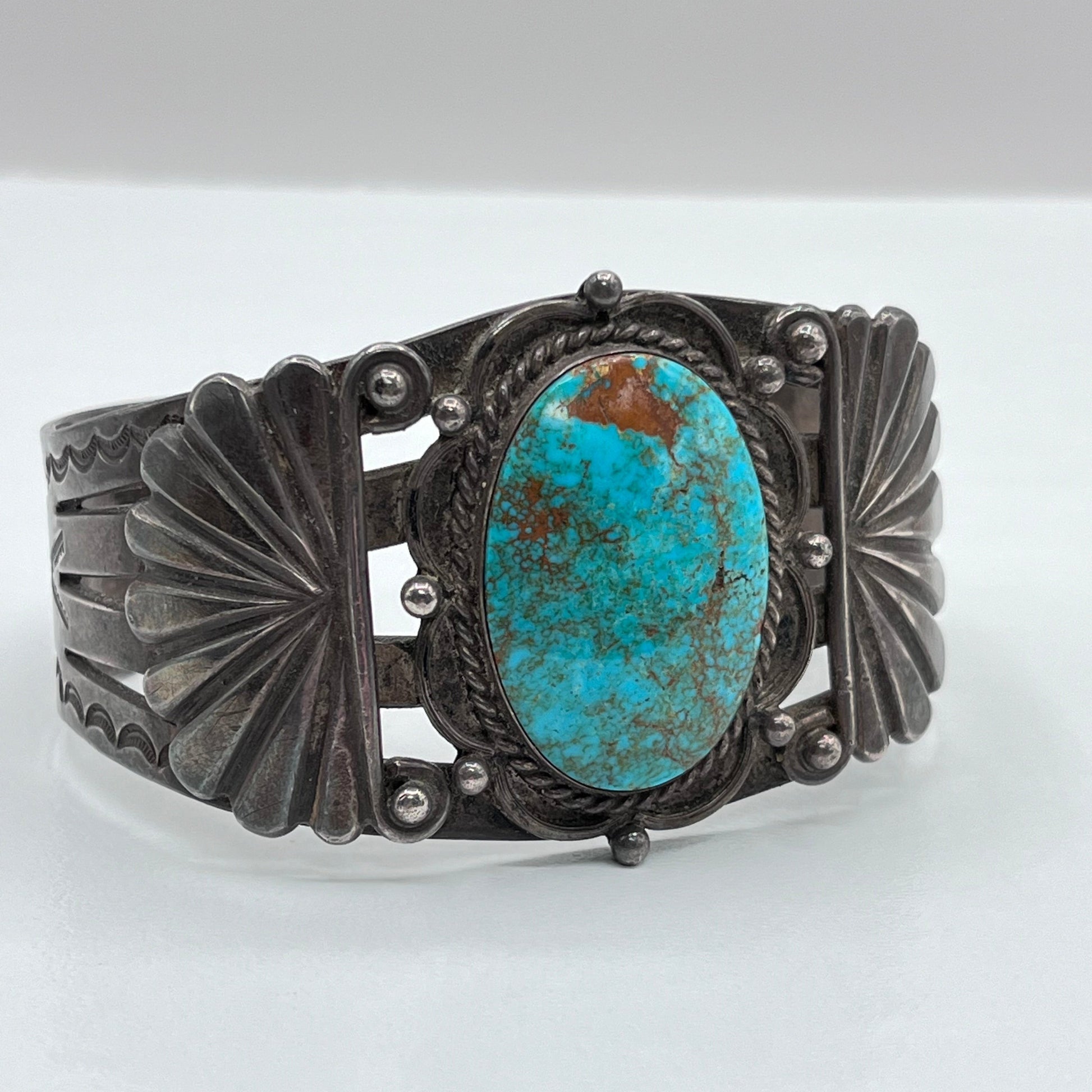 Vintage Native American Navajo Style Sterling Silver Turquoise Cabochon Cuff Bracelet 1