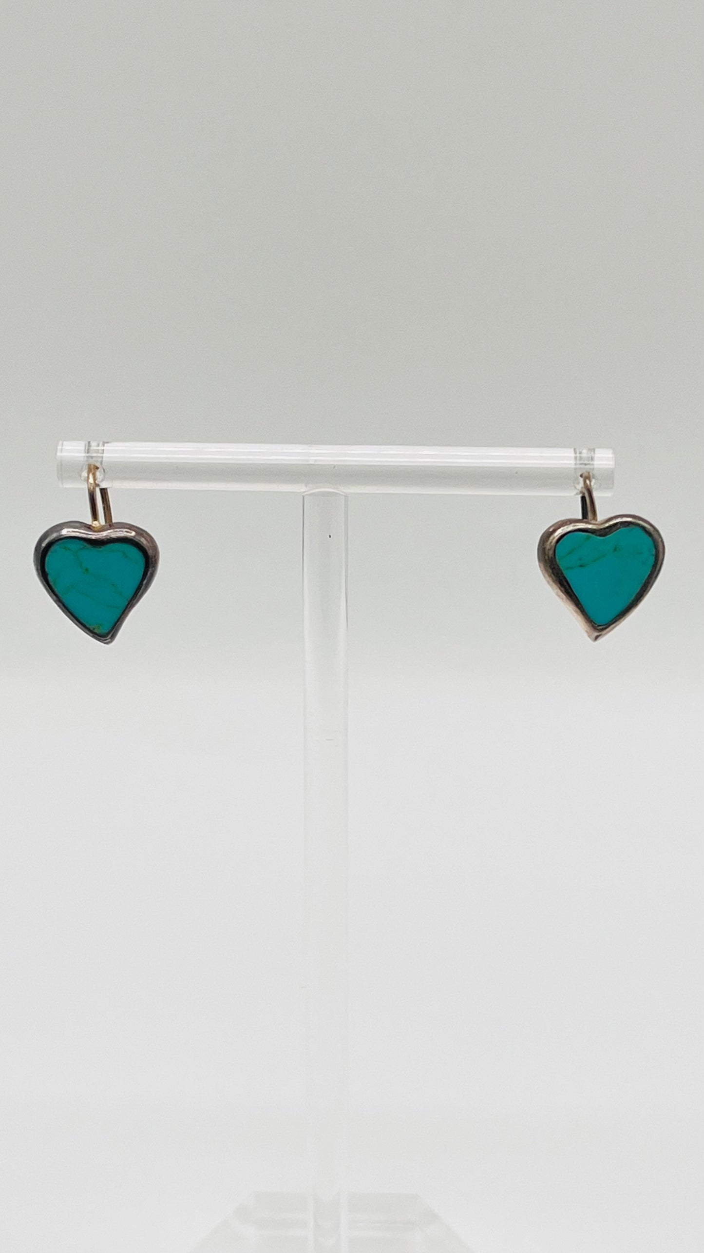 ATI Mexico 925 Sterling Silver Dangle Hook Lovely Earrings Love Heart Turquoise Inlay 2